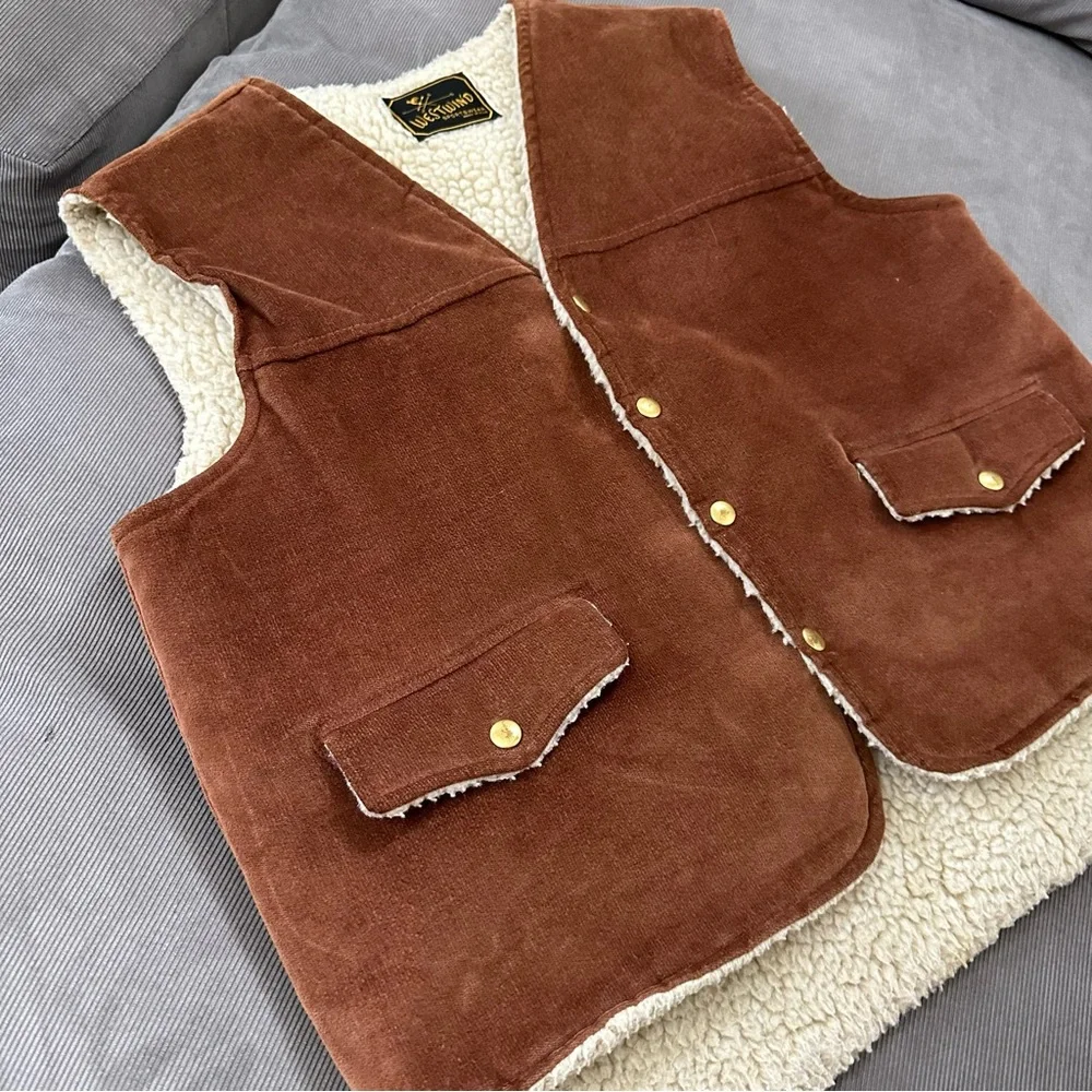 VTG 70s Westwind Sportswear Sherpa Lined Brown Corduroy Velour Vest Mens Medium - Picture 2 of 9